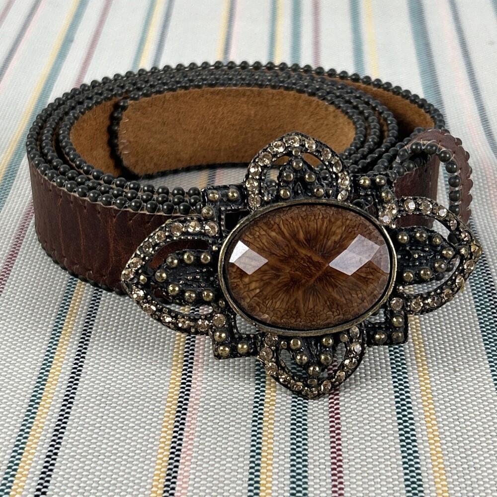 VTG Leatherock Leather Belt Womens 36 Western Gemstone Buckle Rodeo Style 8214